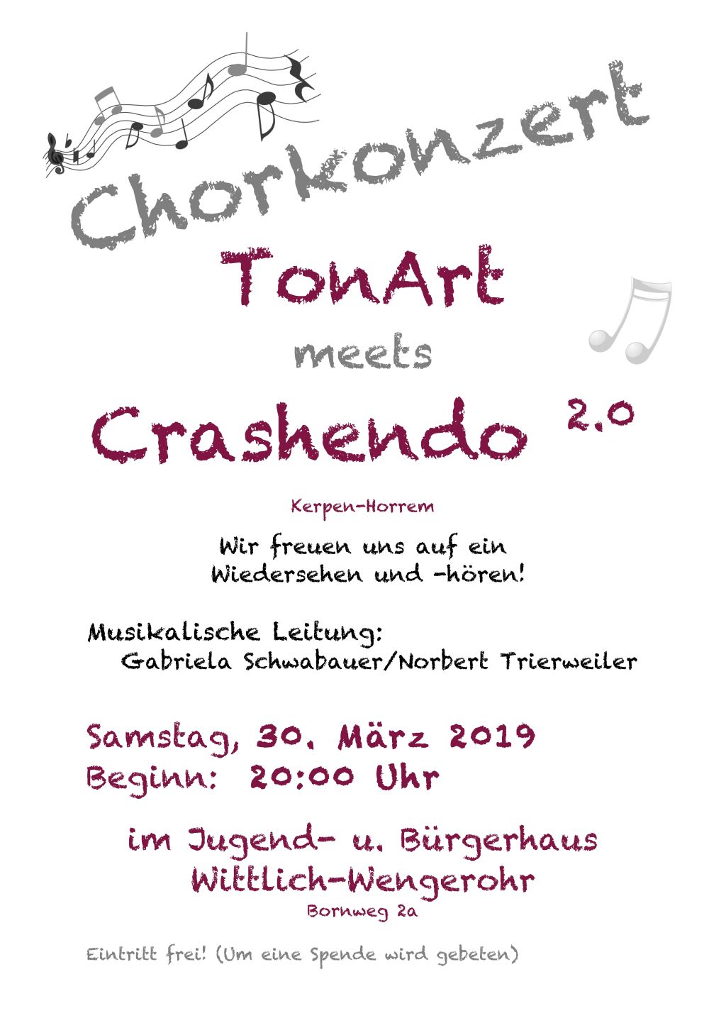 Chorkonzert TonArt meets Crashendo 2.0 am 30.03.2019 im JuB Jugend und Bürgerhaus