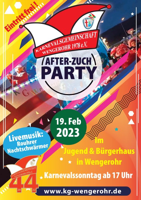 KGW After Zuch Party 2023 Im Jugend & Bürgerhaus in Wengerohr Karnevalssonntag ab 17 Uhr Livemusik: Rouhrer Nachtschwärmer